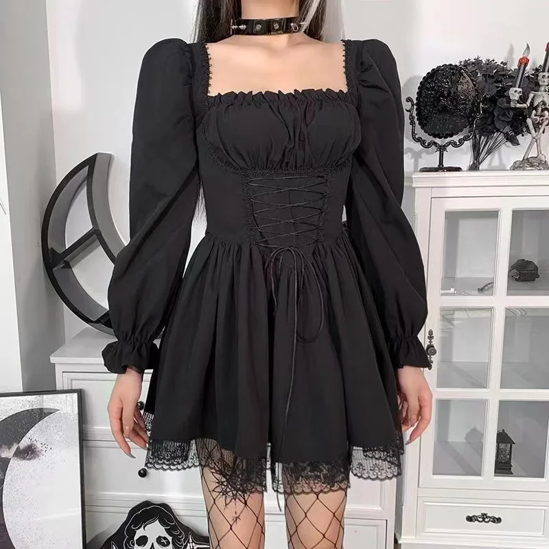 Long Sleeves Lolita Black Dress Goth Aesthetic Puff Sleeve High Waist Vintage Bandage Lace Trim Party Gothic Clothes Dress Woman