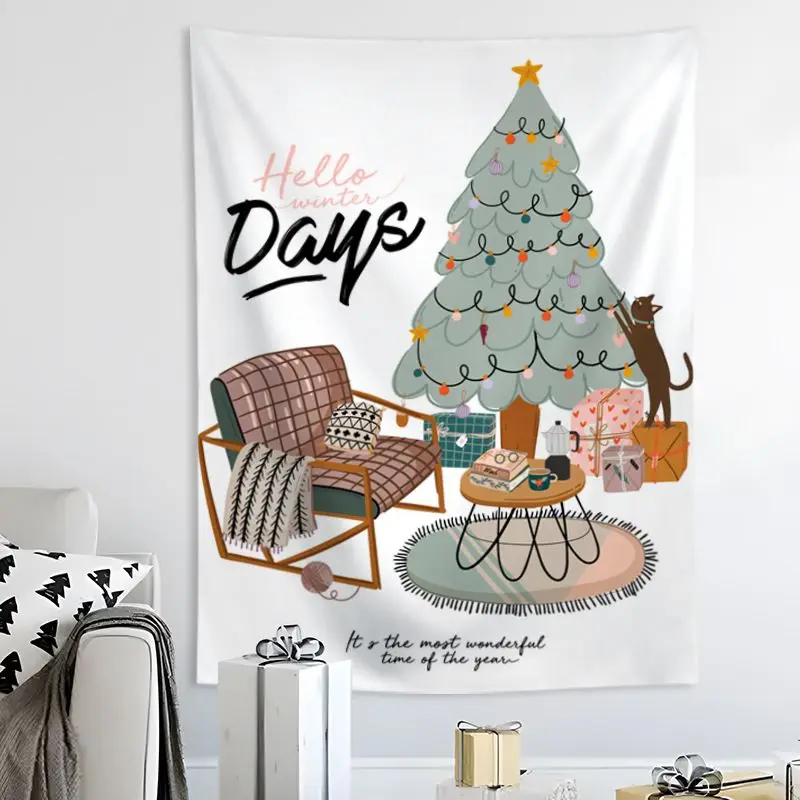 VIKAMA Warm Winter Christmas Illustration Tapestry HD Wear resistant Fabric Living Room Decoration