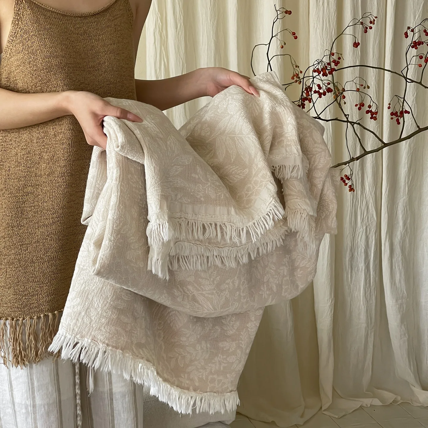Wabi‑Sabi Style Yarn‑Dyed Jacquard Cotton‑Linen Throw Blanket With Tassels, Luxury Multi‑Purpose Decorative Cover for Sofa Bed