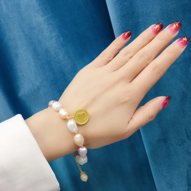 Freshwater Pearl Irregular Bracelet Full of Blessings Colorful with Gold Lucky Pendant Fashionable Personality Trendy for Women