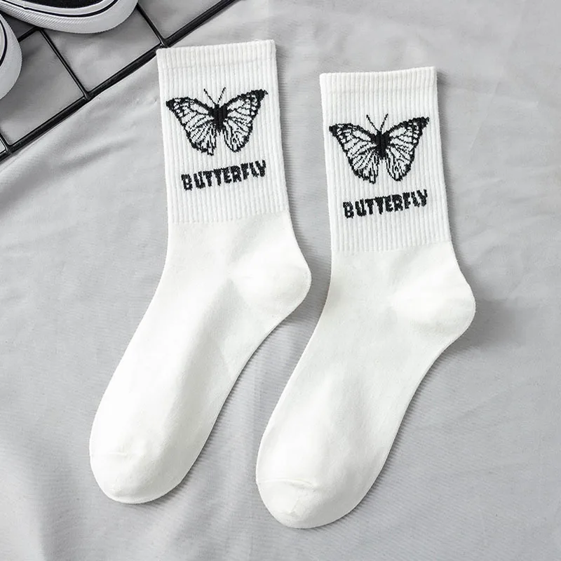 3 Pairs Butterfly Women\'s Socks Mid Tube Sockken Spring Autumn Street Trend Sports Black White Stacked Socks for Girls