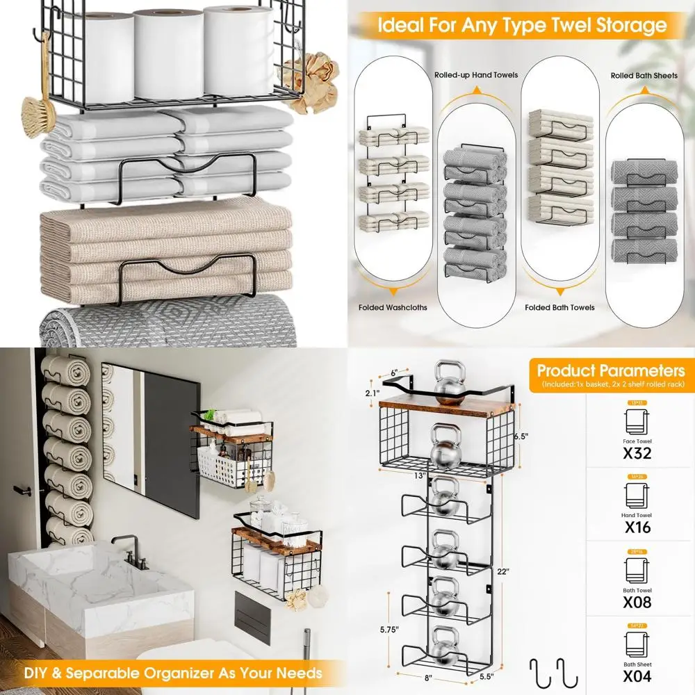 

6-Tier Wall-Mounted Towel Rack for Bathroom, Floating Shelf Design, Holds Rolled or Folded Towels, Metal & Wood
