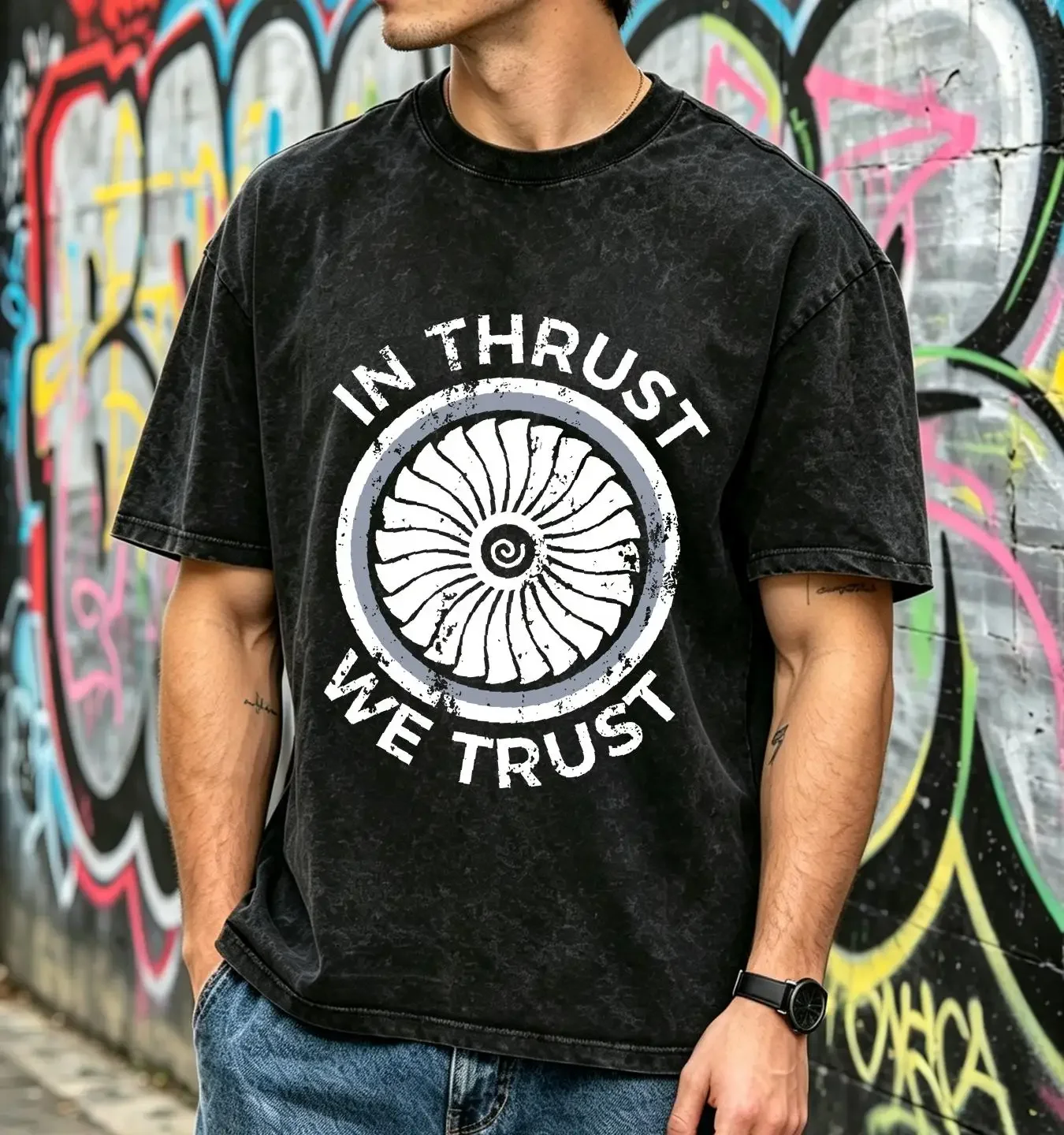 washed T Shirt NEW LIMITED In Thrust We Trust Airplane Jet Engine RC Pilot Flying S 3X long or short sleeves vintage Washed