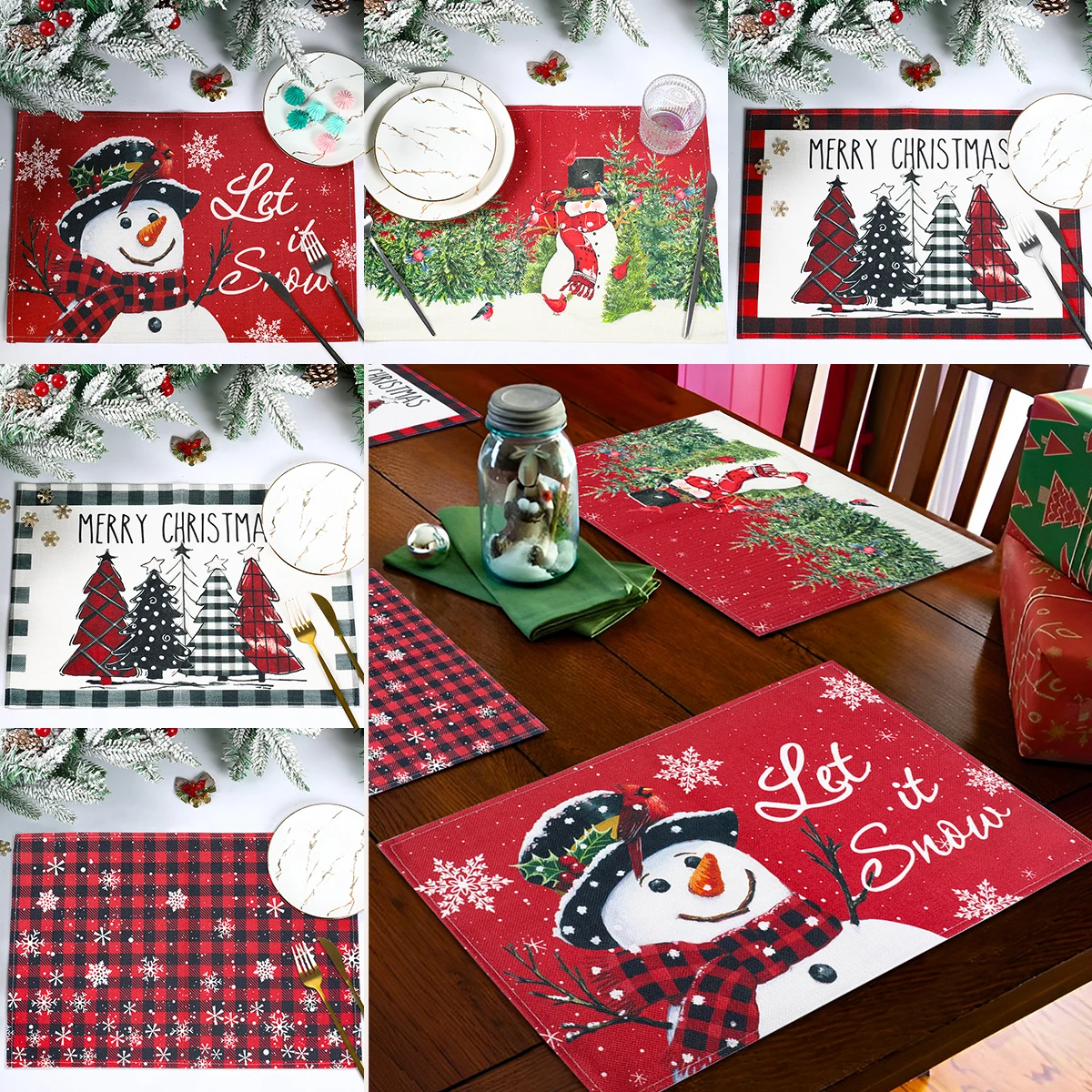 45X30CM Christmas Kitchen Placemat Snowflake Letter Plaid Linen Dining Table Mats Western Coaster Elk Printed Table Place Mat