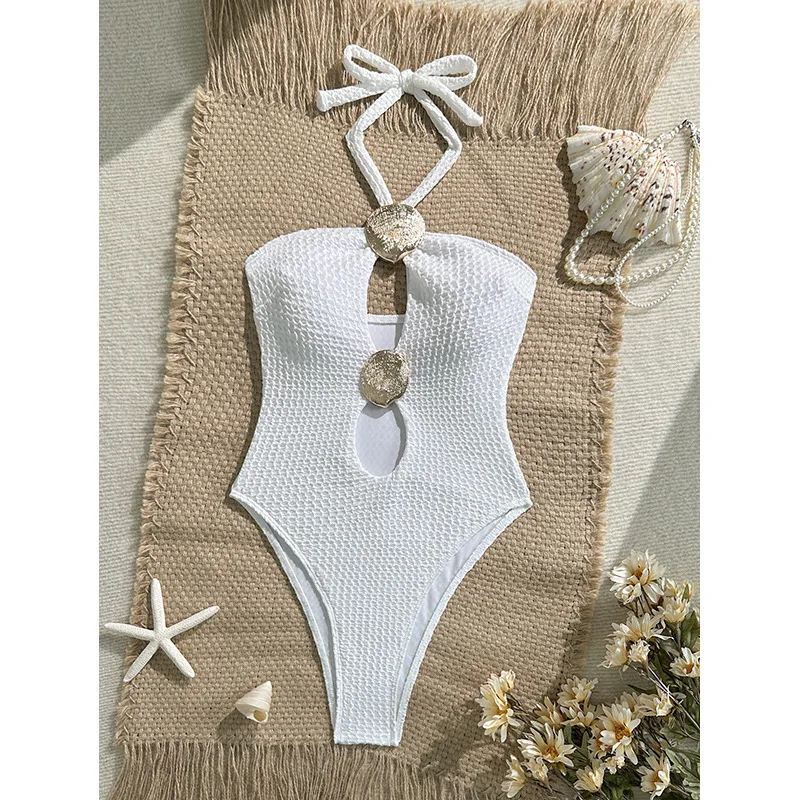 2026 Women's White Cutout One-Piece Swimsuit Halter Neck Tummy Control Backless Hot Spring Monokini Bodysuit Tops Beachwear Ropa