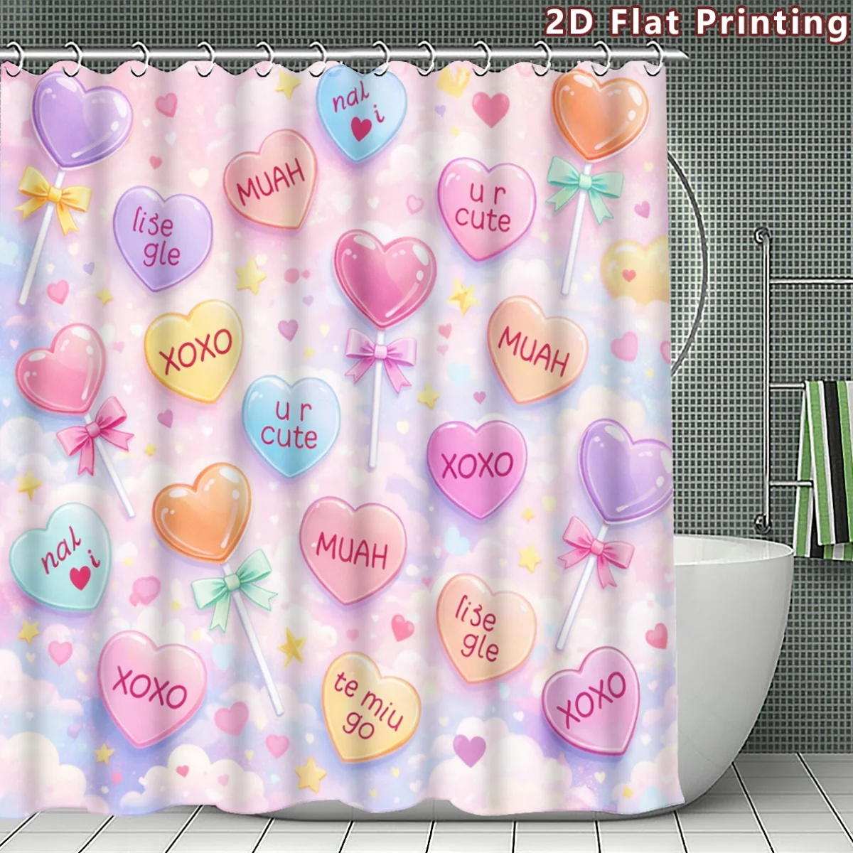 

Candy Hearts Shower Curtain Sweet Love Pattern Pastel Valentine's Day Decor Cute Bathroom Accessories Waterproof PolyesterFabric