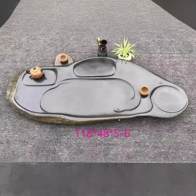 Natural inkstone plain surface tray retro sea wool stone  set gold skin black stone tea table