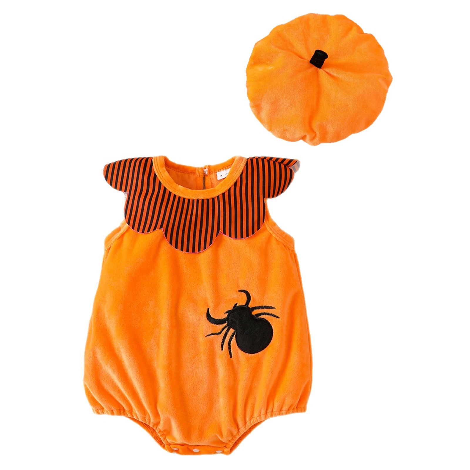 Baby Boys Girls Halloween Costume Cartoon Spider Pumpkin Bat Embroidered Romper with Hat for Carnival Theme Party Photo Shoot
