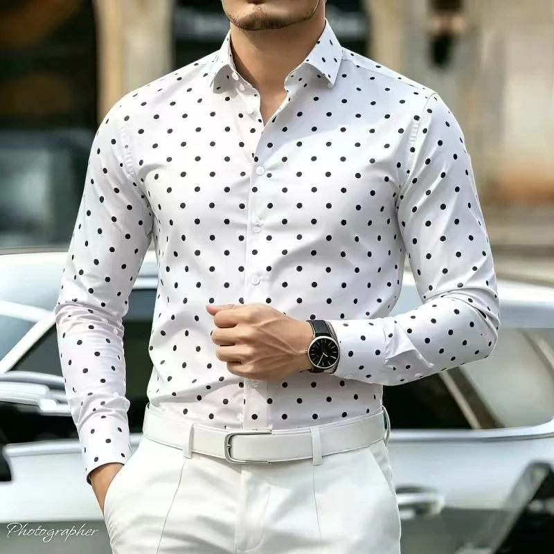 New Men's Polka Dot Printed Shirt, Men's Long Sleeved Shirt, Comfortable and Fashionable, European and American Style Casual Top