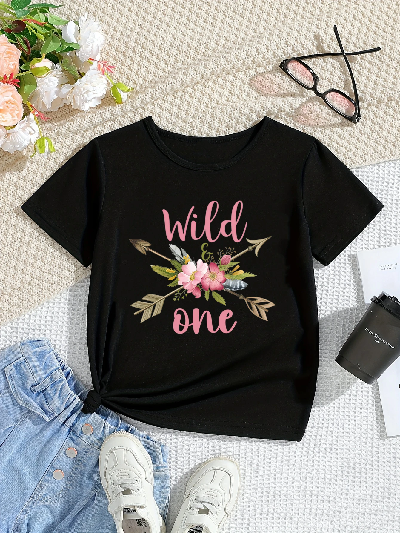 Wild One Flowers Printed T Shirt Girls 1st Birthday Gift T-Shirt Kawaii Kids Clothes Summer Short Sleeve Shirt Toddler Shirt