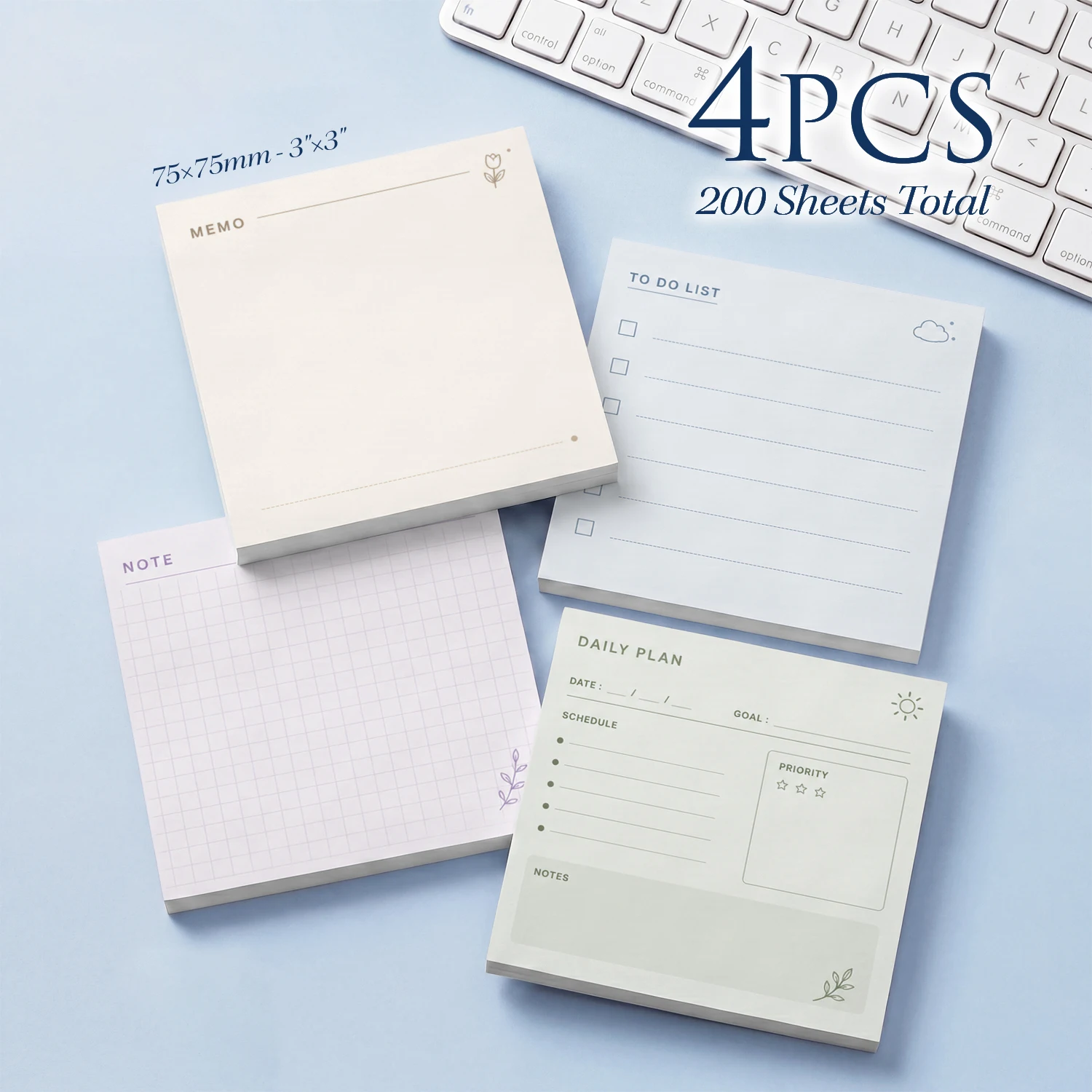 4 Pcs 200 Sheets Total Minimalist Planner Sticky Notes, 75x75mm 3x3 Inch, Memo To Do List Daily Plan Grid Note Pads,