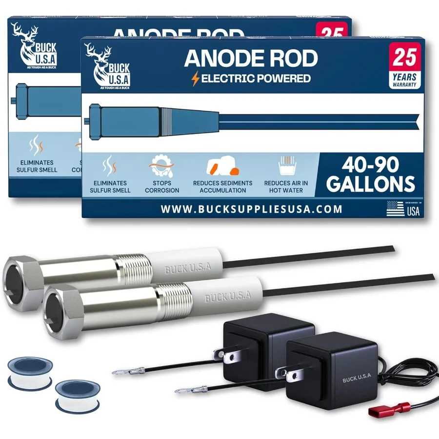 

2 упаковки анодного стержня с питанием для нагревателей горячей воды емкостью 4090 галлонов с гарантией 25 лет. Быстро устраняет вращение яйца и серы.