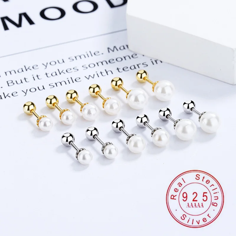 

925 Sterling Silver Pearl Screw Back Stud Earrings, Shell Pearl Cartilage Piercing Earrings for Women, 2 Colors & Multi Sizes