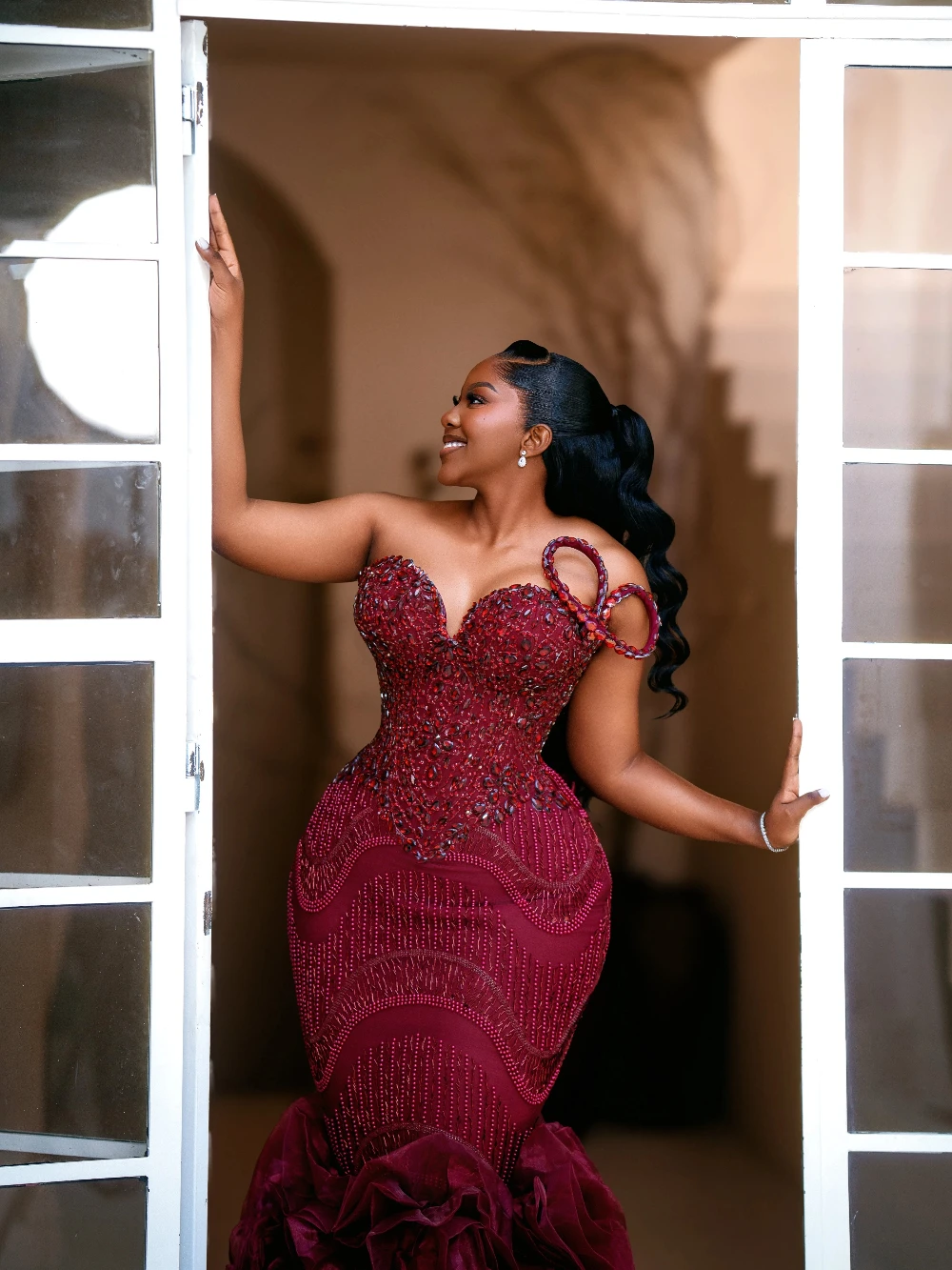 Mermaid Prom Dresses For Black Women Sweetheart One Shoulder Crystals Beaded Ruffles Train Formal Evening Dresses Customized