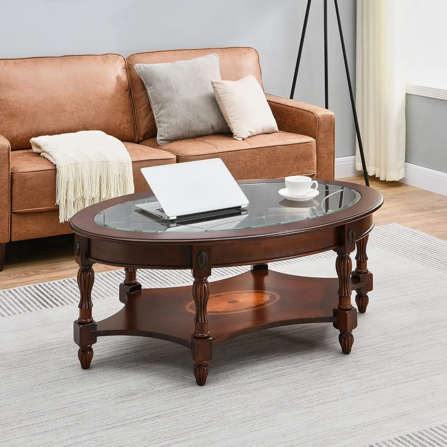 Mesa de centro tradicional de madeira maciça com tampo de vidro temperado, mesa de coquetel oval com prateleira de armazenamento para sala de estar, escritório nogueira