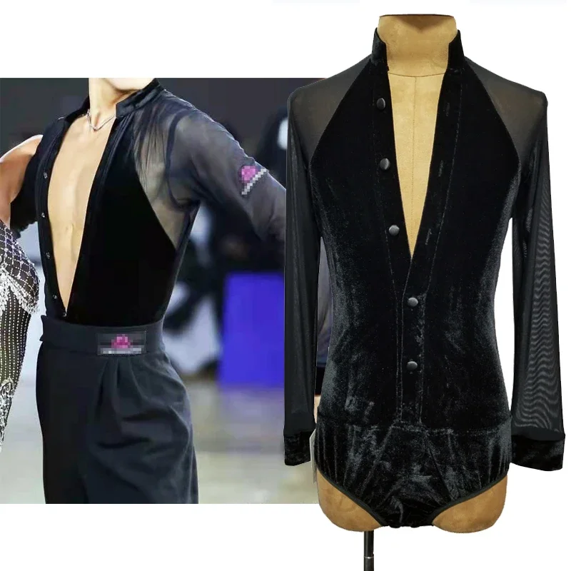 

Velvet Latin Dance Tops Men Competition Clothing Standard Ballroom Dance Bodysuit Male Latin Practice Wear ChaCha Salsa DNV15521