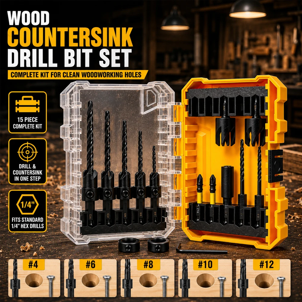 Tapered Countersink Drill Bit Set S2 Steel Wood Plug Cutter Adjustable Stop Collar Hex Shank For Impact Driver Woodworking Drill