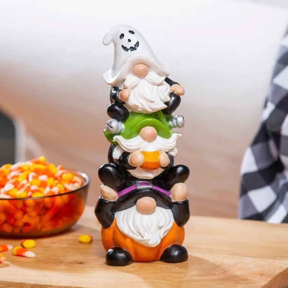 Resin Stacked Halloween Gnome Garden Ornament with Pumpkin Ghost Outdoor Statue Desk Crafts Garden Gnome Statue