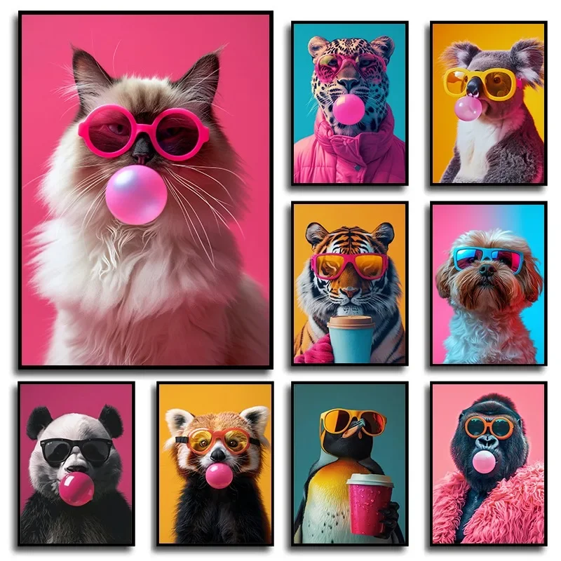 Impresiones artísticas de pared en lienzo con burbujas de animales vibrantes, tigre a la moda para beber café, carteles e impresiones de decoración para sala de estar o cafetería