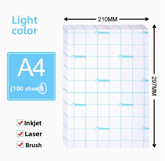 

Laser Print Light Color Sublimation Heat Transfer Paper for T-shirt Print A4 Size 100Pcs