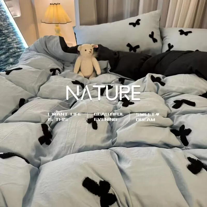 

Light Luxury New Blue Bow Quilt Cover Washed Embroidered Bed Sheet Sour-Piece Set Bedding Dormitory Bed Girls Soft and Warm