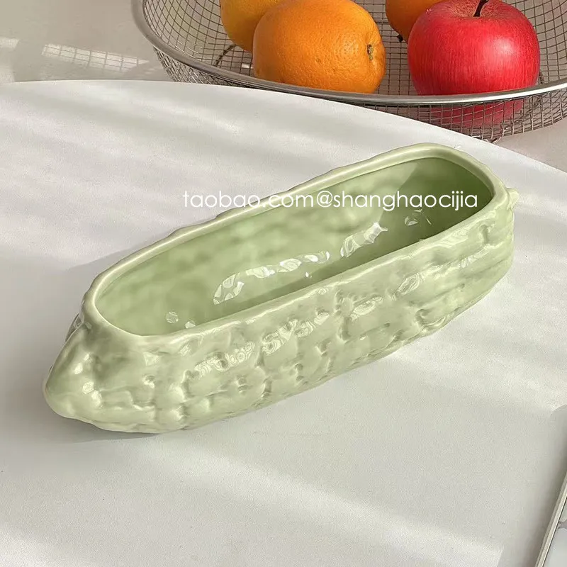 Creative Bitter Melon Shaped Ceramic Bowl 2026 New Green Salad Snack Bowls 800ml Creative Home Underglaze Color Tableware