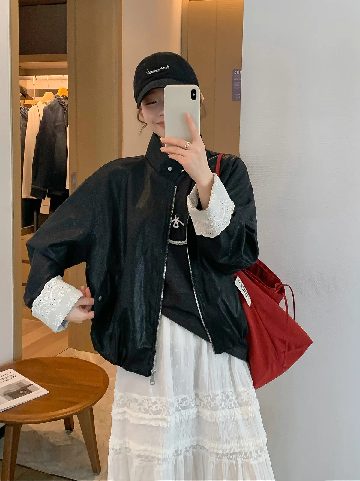 

Женская кожаная куртка Love Devil Fi Bla Design Sense с кружевными вставками, новая весенняя модель, свободный крой, длинный рукав, на молнии, для повседневной носки