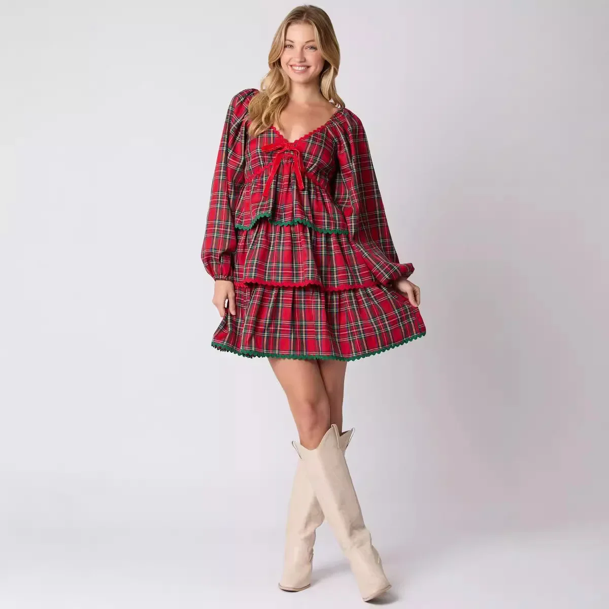 2024 New Women's Long Sleeve Dress Colorful Plaid Printing Style Christmas Festive Amazon Cross-Border Trade Clothing