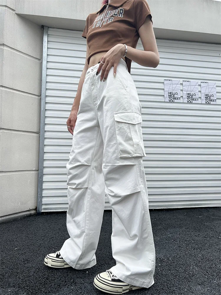 

2024 Cyber Y2K White Cargo Pants Women Korean Style Egirl Brown Wide Leg Trousers Oversized Streetwear Hip Hop Pleated Pantalon