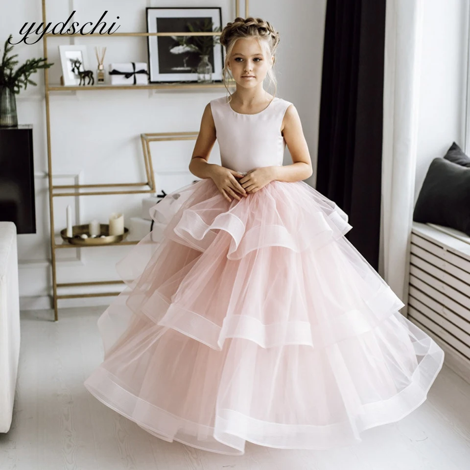 

Customized Lovely Pink Tiered Ball Gown Flower Girl Dresses 2024 Kids Pageant Sleeveless Party Toddler First Communion Gowns