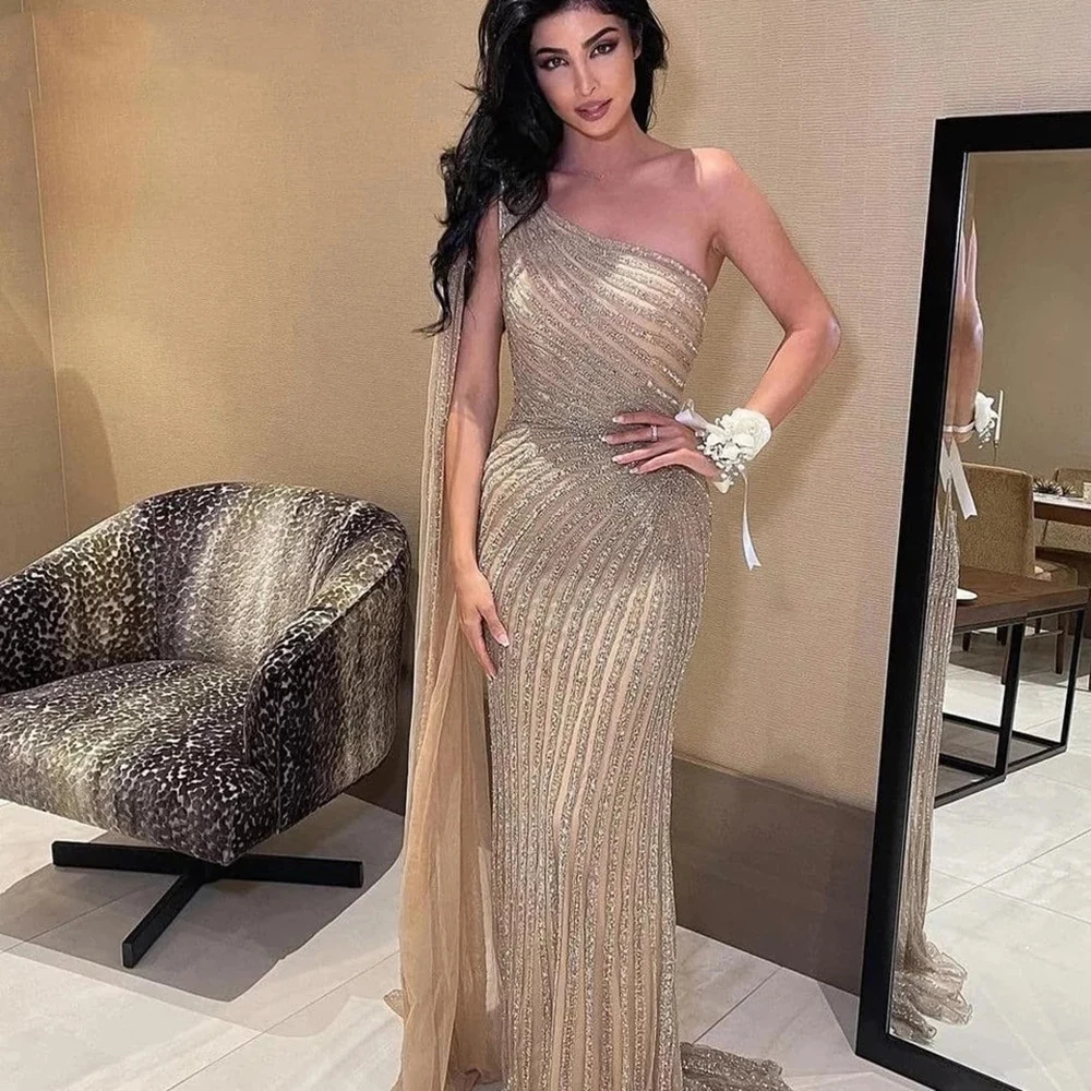 Angelsbridep-Vestido De fiesta De sirena De una manga con cuentas De Dubai, brillante, con cristales completos, Sexy