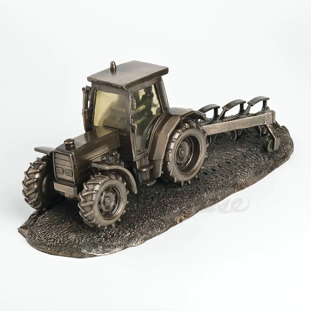 Vintage Farm Tractor with Plough Figurine Resin Bronze Finish Statue Country Farmhouse Decorative Ornament Home Office Display