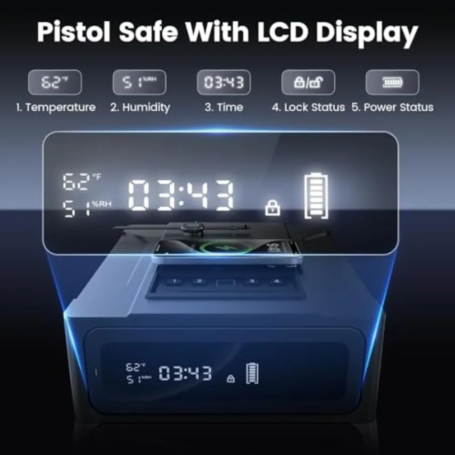 Biometric Gun Safe for Handgun Nightstand Smart Safes Box with Wireless Charging for Phone and Watch 3 Ways Quick Access Finger view 5