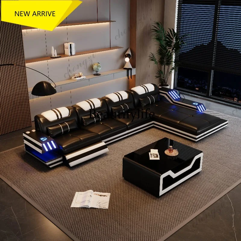 G153 Convertible Genuine Leather Sectional Sofa Bed with Electric Recliners, Storage, Adjustable Headrests, Speakers, USB & LED