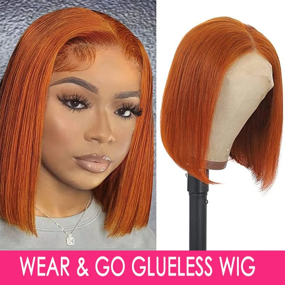 Ginger Orange Short Bob Human Hair Wigs 4x6 Glueless Lace Closure Straight Brazilian Remy Bob Wig For Women Pre-Plucked Hair