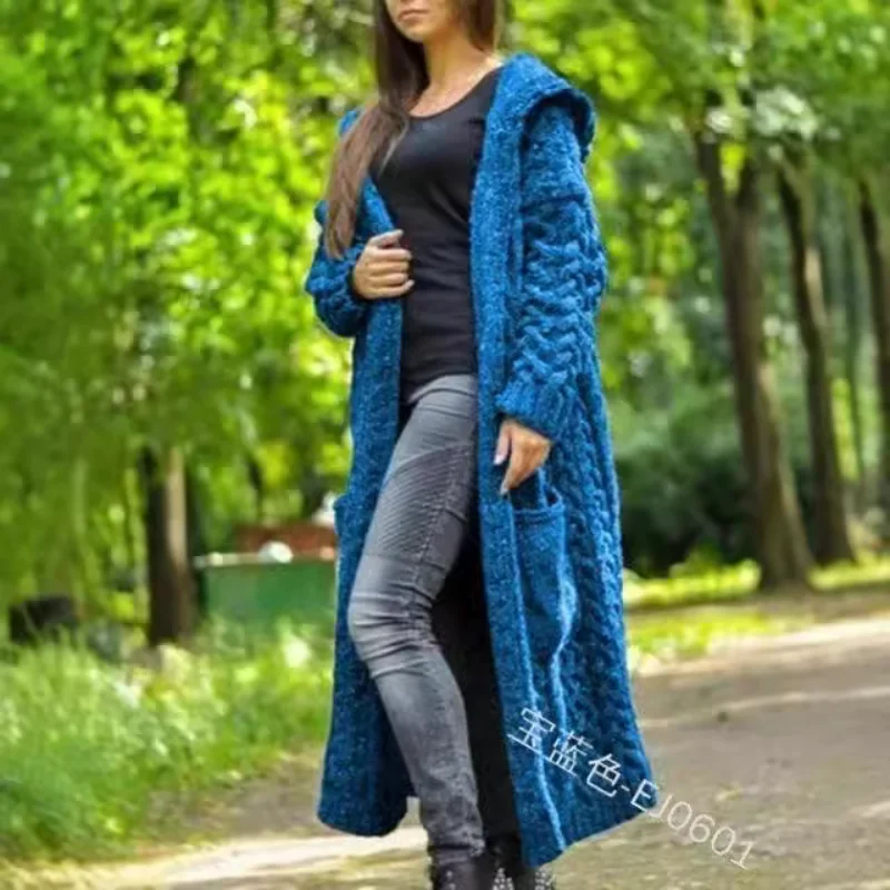 2024 new women's cardigan braided lazy wind hooded long cardigan sweater