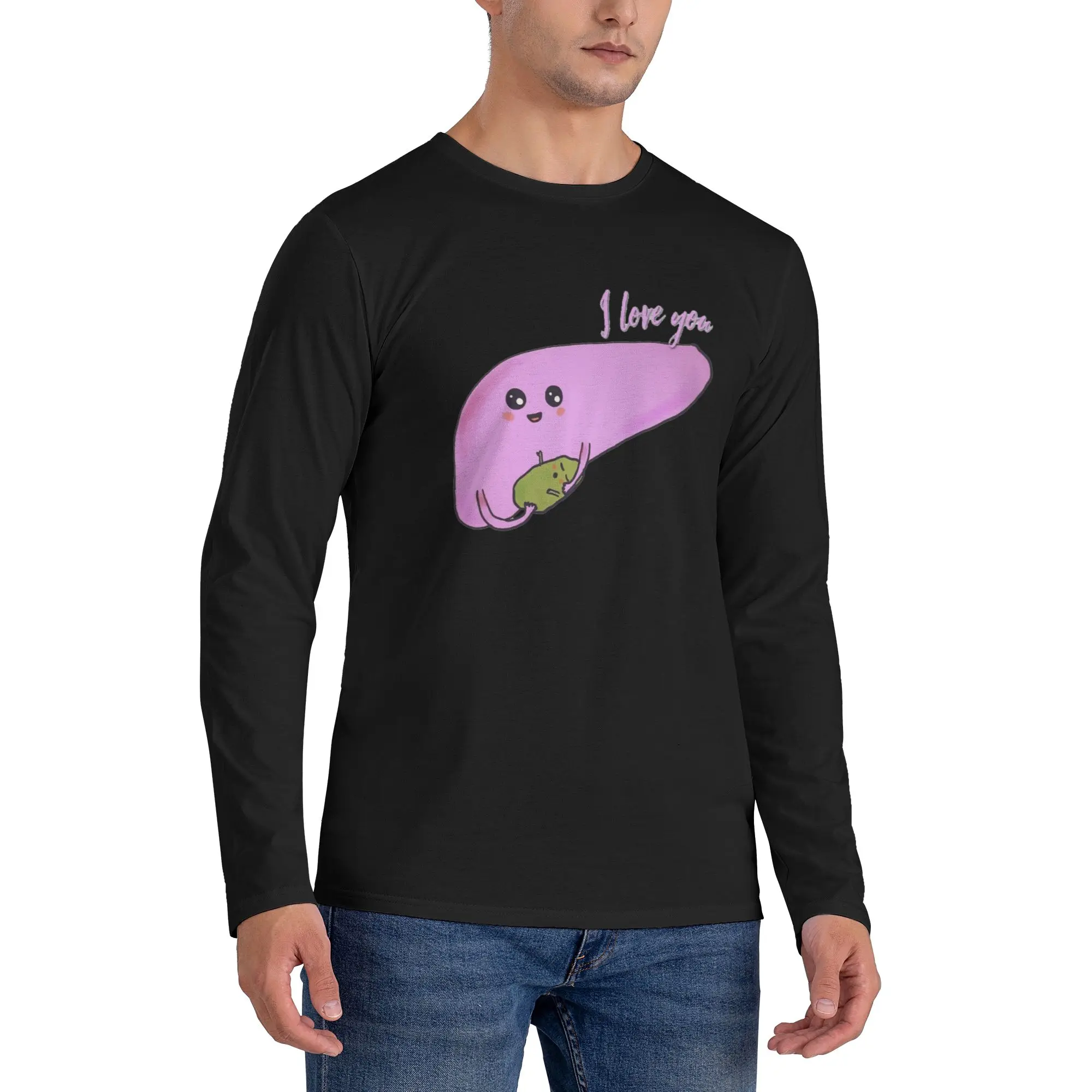 

Мужская футболка с длинными рукавами и милой печенью и желчным пузырем, дышащие футболки с круглым вырезом, весенне-осенние мужские топы