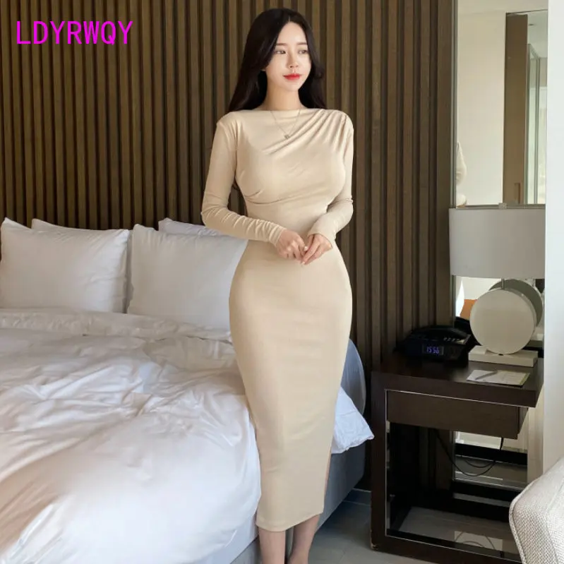 

South Korea 2022 autumn winter new one-line collar shoulder fold bag hip sexy long skirt slit long sleeve high waist dress