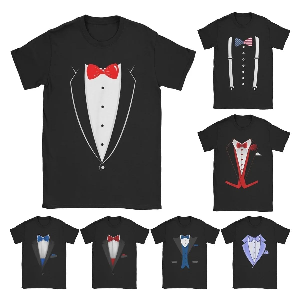 Black And White Tuxedo With Red Bowtie Funny Costume T Shirts Men's Cotton Casual T-Shirt Humor Tux Tee Shirt Clothes Big Size