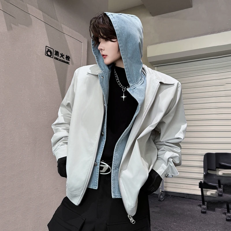 PFNW Niche Colorblock Fake Two Pieces Splicing Lapel Denim Hooded Men's Oversize Jacket Loose Silhouette Trendy New Coat 9C5063