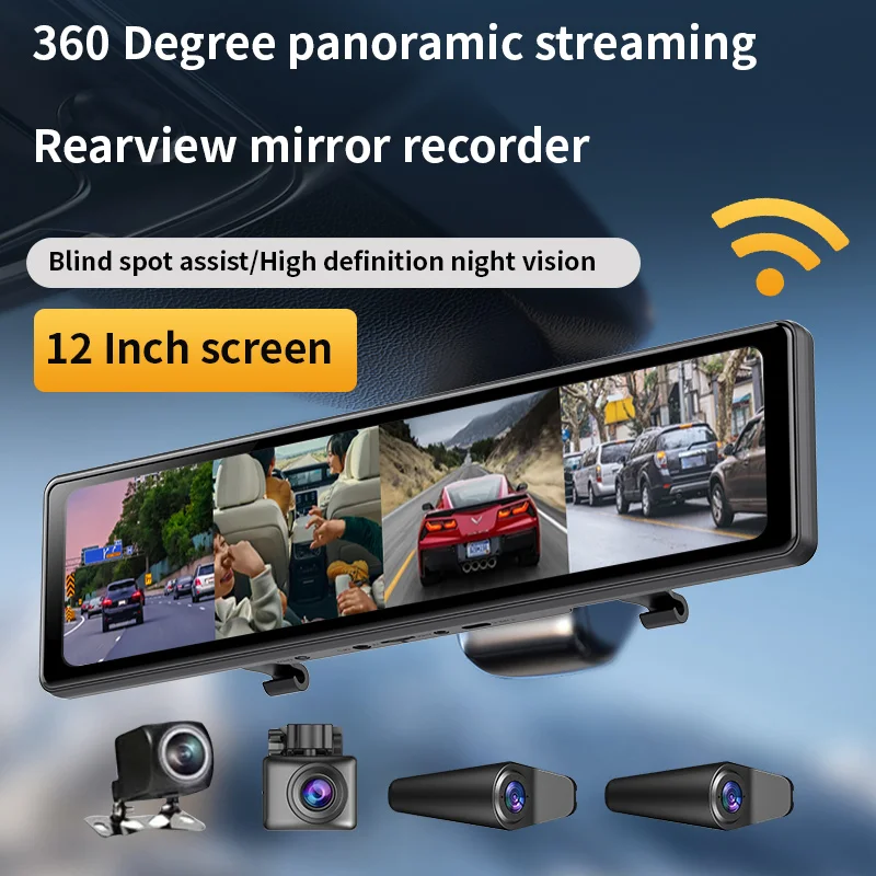 

12 Inch Car DVR Dash Cam 4 Channel Night Vision Loop Recording All Around View Streaming Mirror Rearview Camera Video Recorder