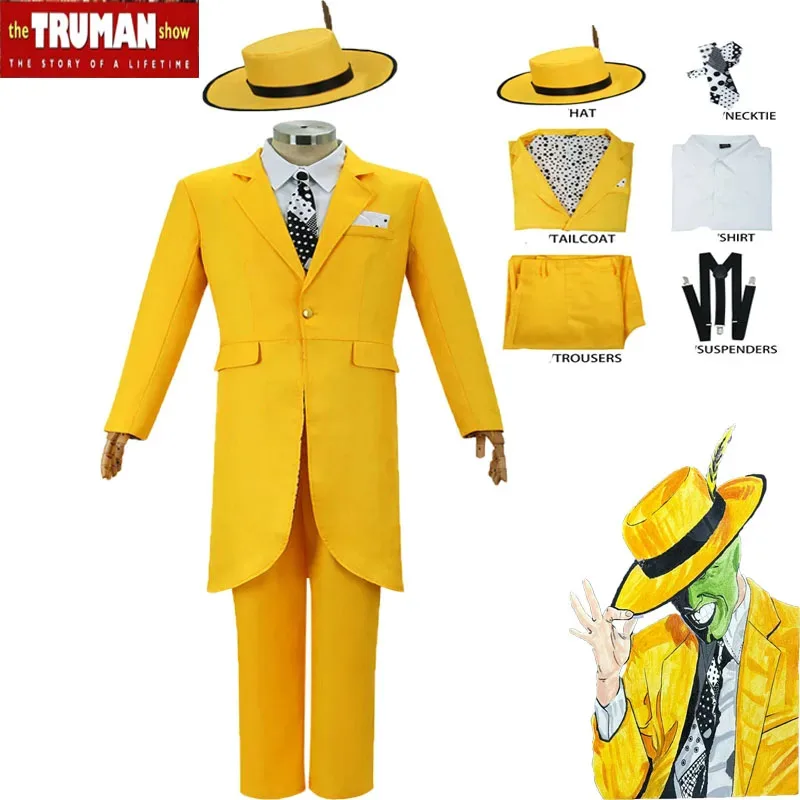 

Jim Carrey The Mask Comedy Movie Yellow Suit Necktie Suspenders Accessories Full Set Halloween Carnival Party Role Play for Men