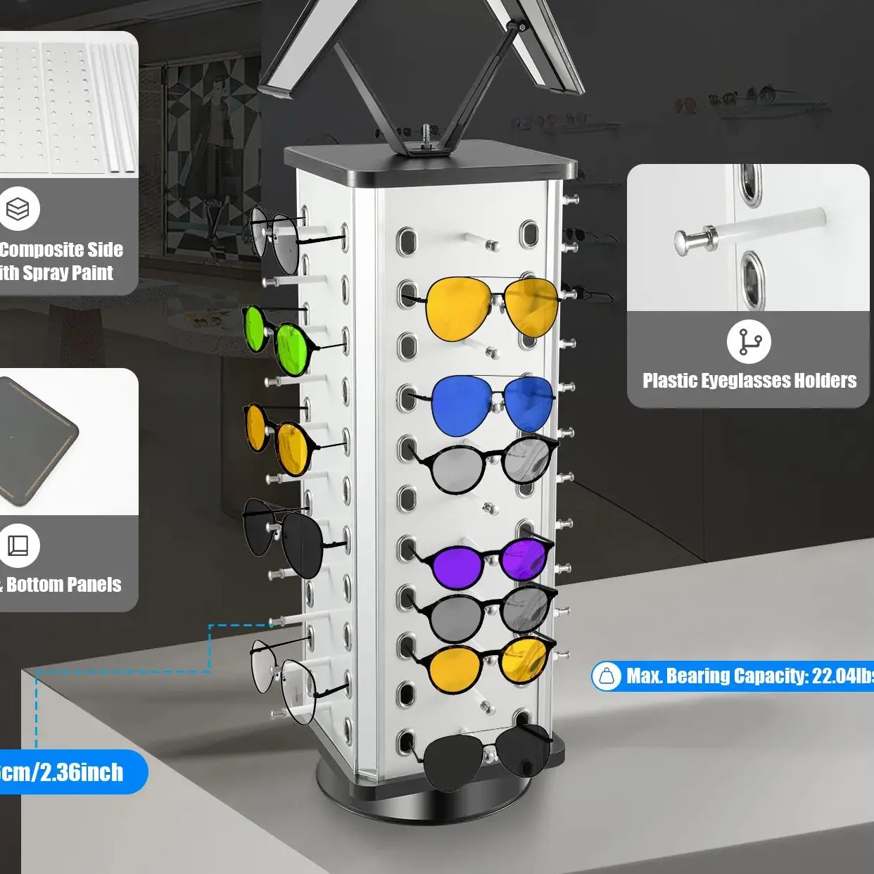 

44 Pairs Rotating Eyeglasses Display Stand w/ 2 Mirrors, Wood and Aluminum Freestanding Sunglass Holder for Shops