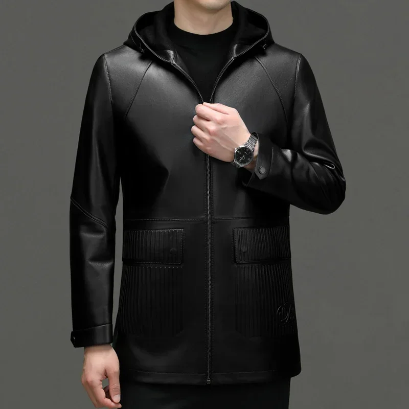 Autumn and Winter New Fashion Men Business Casual British Style Gentleman Trend Solid Color Leather Coat Hooded Sheepskin Coat