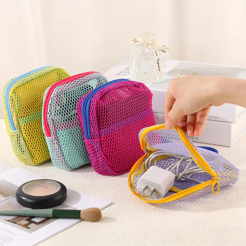 Mesh Dopamine Color Cosmetic Bag - Large Capacity Tofu Cube Bag - for Travel Makeup Storage - Portable Multi Purpose Storage Bag