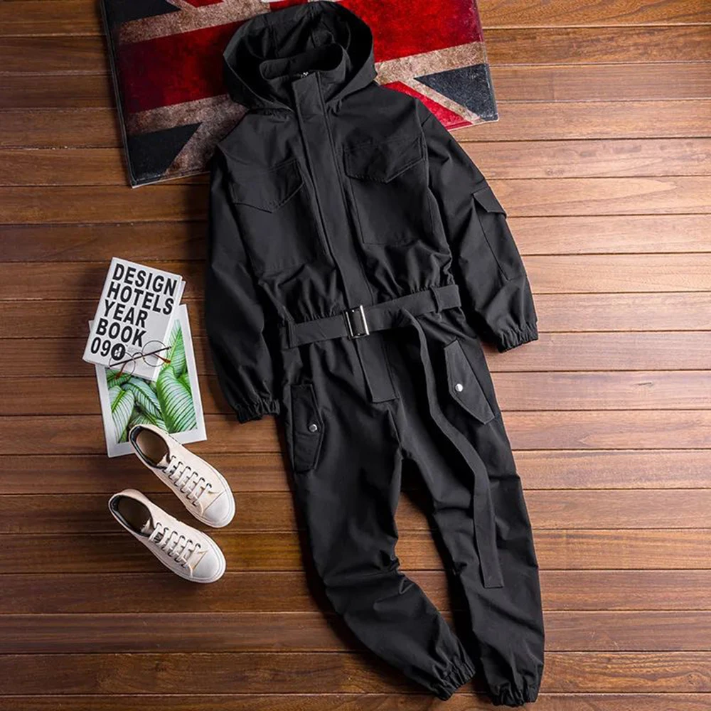 2024 Spring And Autumn New Hip-Hop Retro Workwear Jumpsuit Mens Casual Loose Long-Sleeved Khaki Hooded Jumpsuit Suit For Men