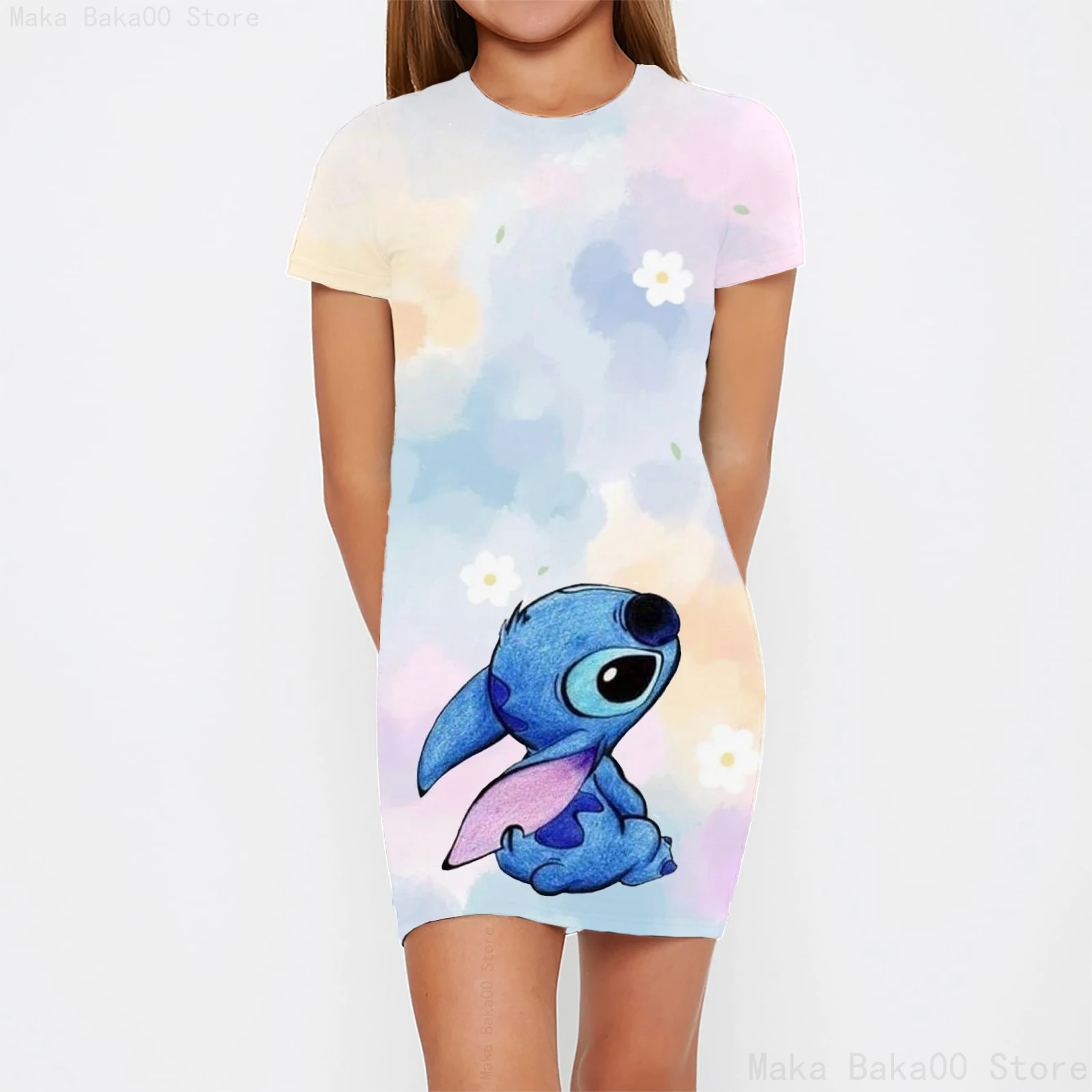 Disney 2-14 years old girls round neck tight print dress summer Stitch new dress role play little girl dress clothing