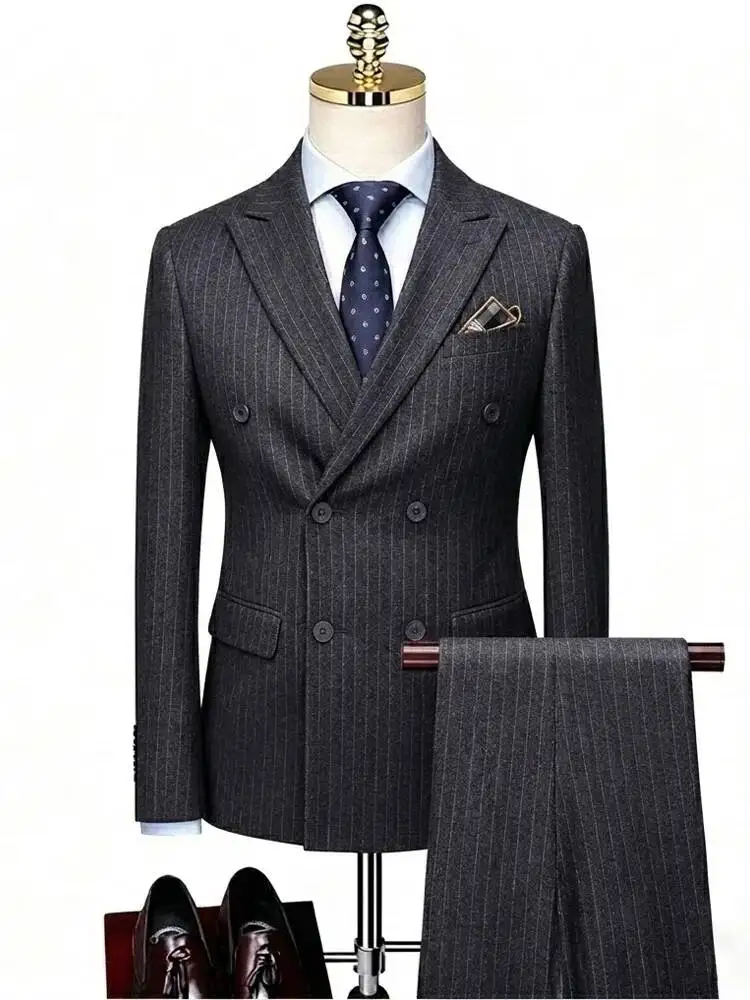 Men Vintage Grey Pinstripe Double Breasted 2 Piece Outfit Peak Collar Slim Fit Blazer Pants Groom Wedding Dress Customized