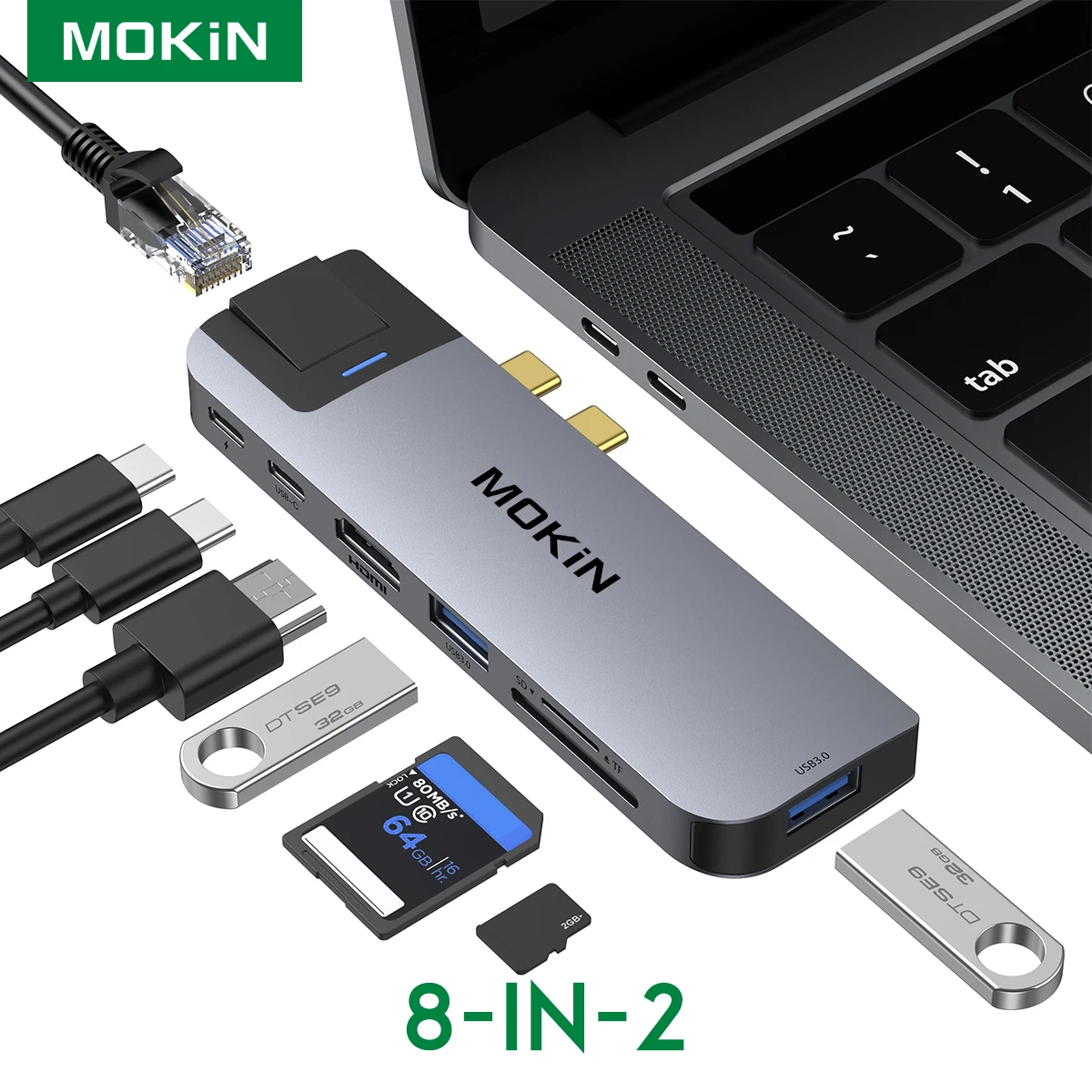 Адаптер MOKiN MacBook Pro, USB C хаб, мульти-порт, адаптер для MacBook Pro/Air с 4K HDMI RJ45 Thunderbolt 3 USB 3,0