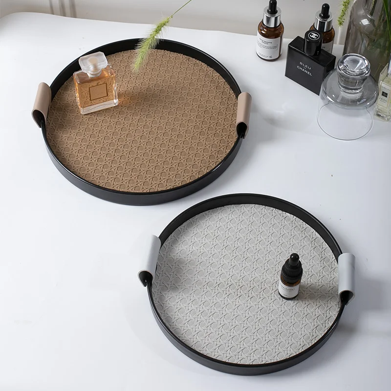 AhunderJiaz Nordic Style Round Jewelry Tray Living Room Kitchen Leather Storage Tray Cosmetic Sundries Plate Home Decoration